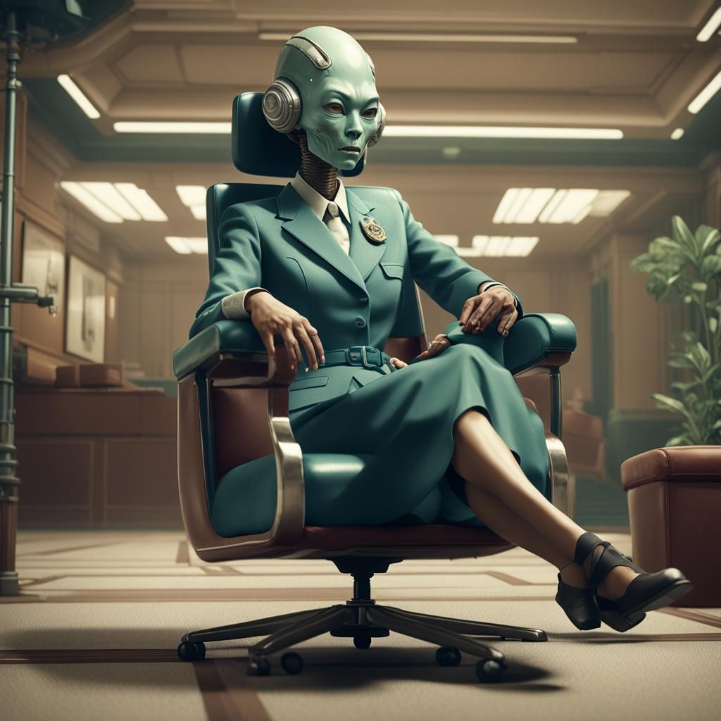 Retro Alien Secretary in Dusty Sci-Fi Office