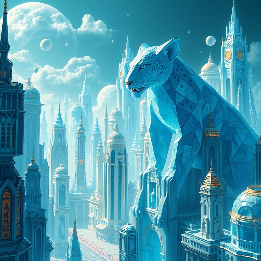 Futuristic City of Blue Leopard Gods in 8K