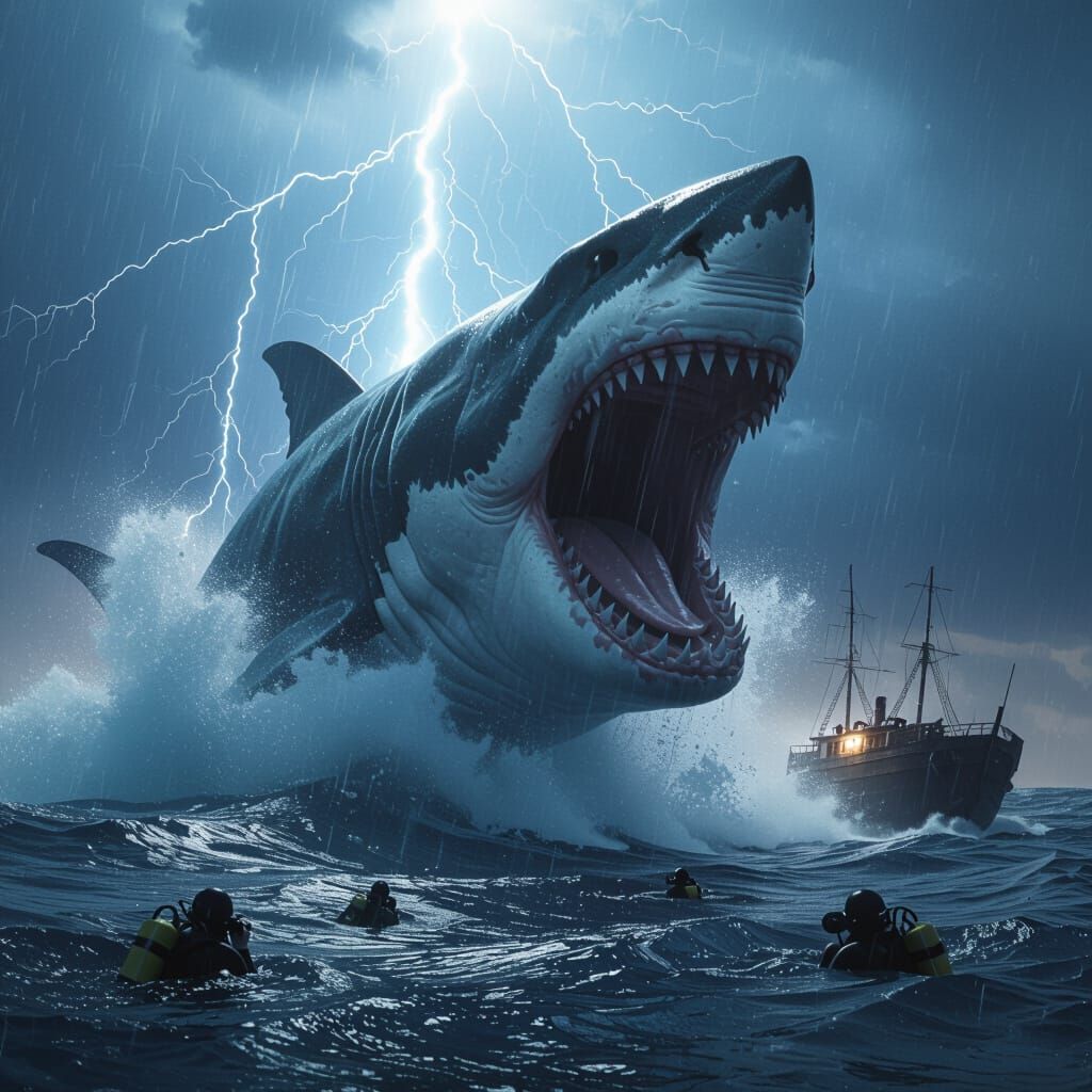 Colossal Megalodon Attacks Ship in Stormy Ocean