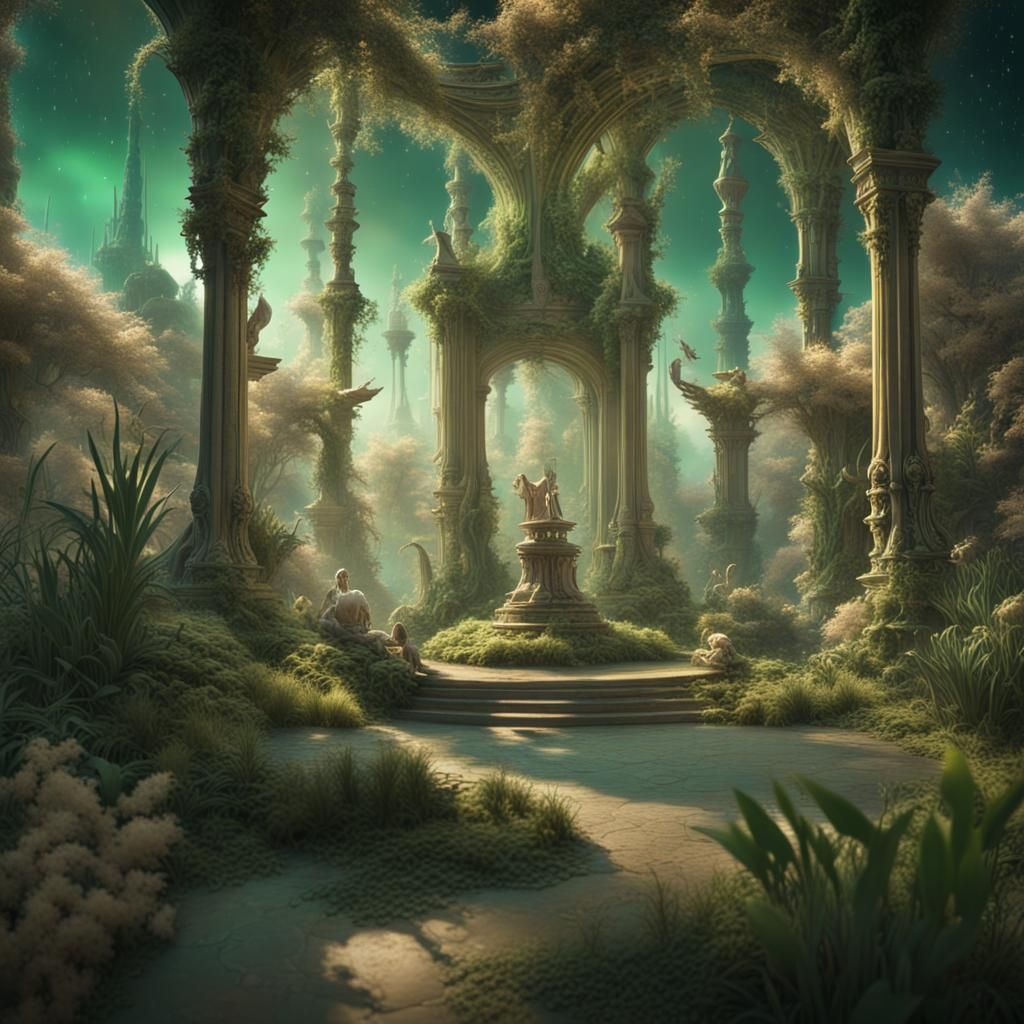 Celestial Garden: Otherworldly Beings Tend Ethereal Plants