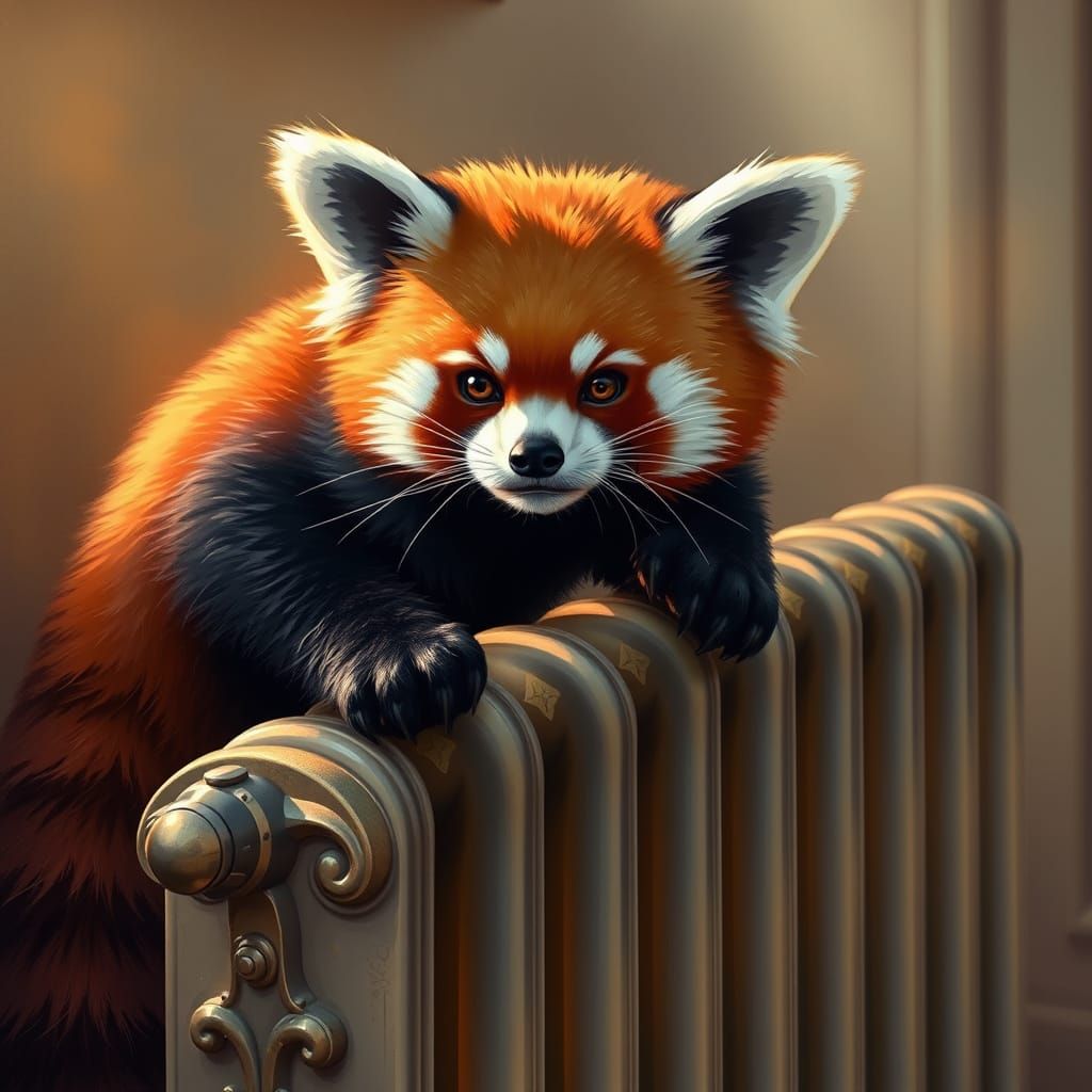 Cunning Red Panda on Ornate Radiator in Warm Light
