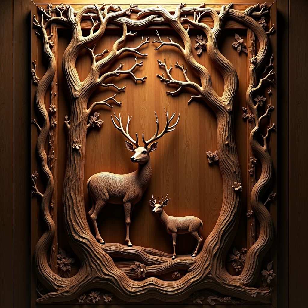 Majestic Forest Scene Carved in Oak Wood