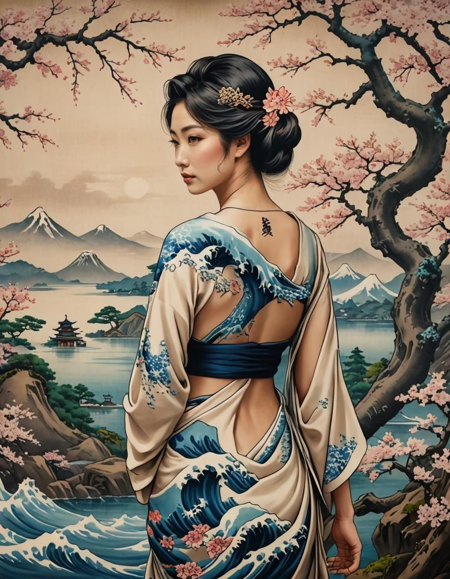 Japanese Woman with Great Wave Tattoo, Japonisme Style