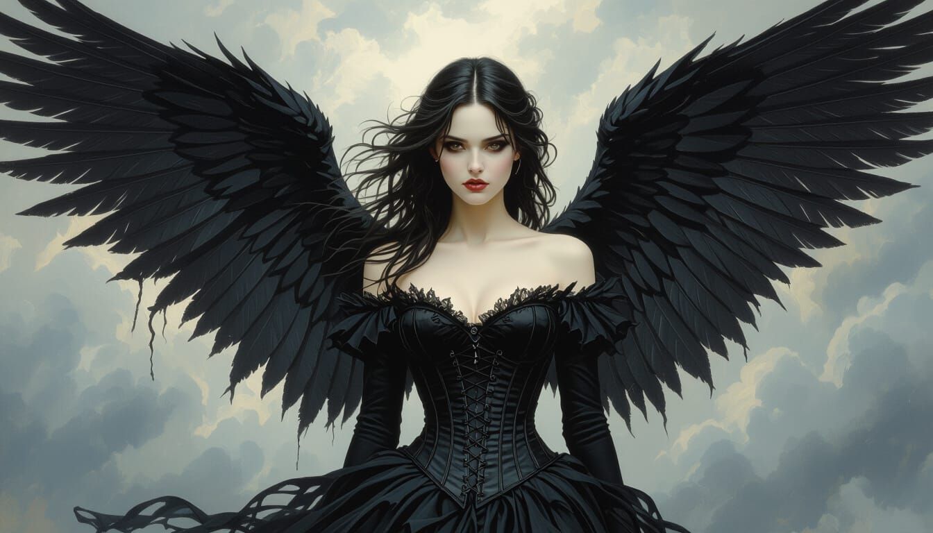 Gothic Angel with Black Wings as Oil Painting