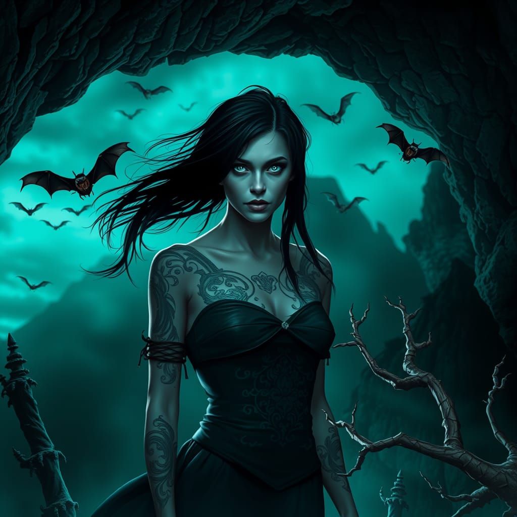 Vampire Woman at Cave Entrance in Cinematic Style