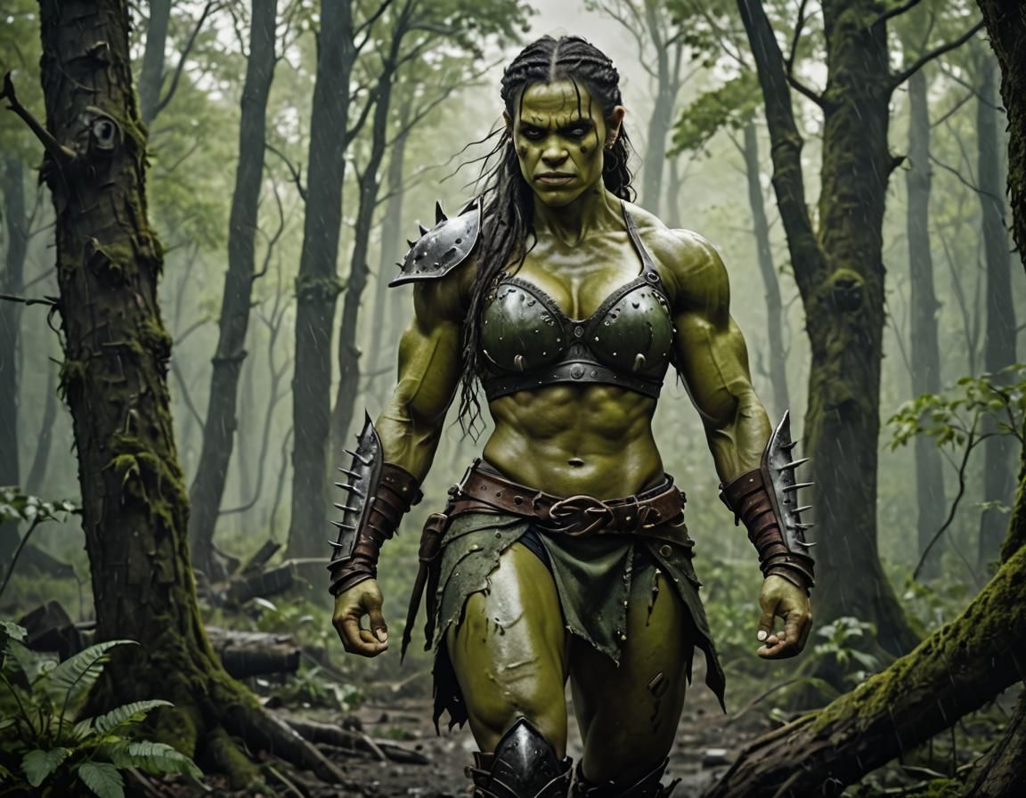 Muscular Orc Warrior Woman in Enchanted Forest