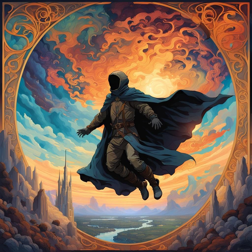 Skydiving in Dark Fantasy Landscape with Aurora Borealis