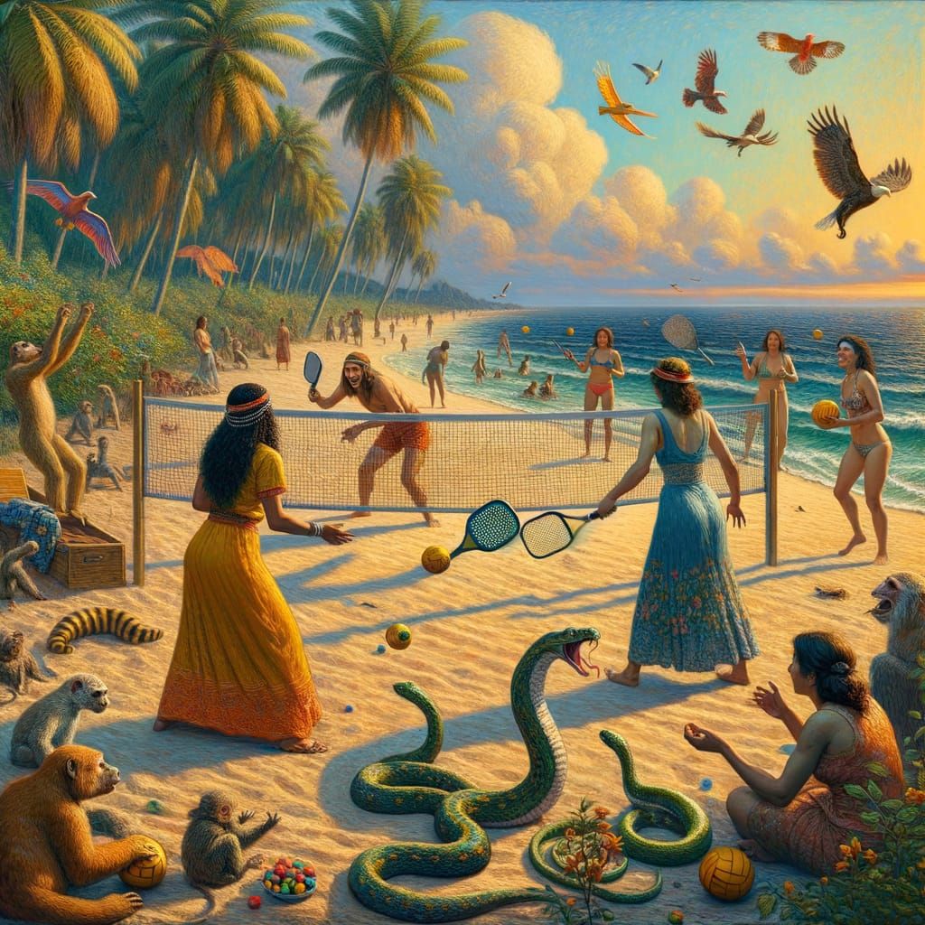 Pickleball Game on a Tropical Beach in Van Gogh Style