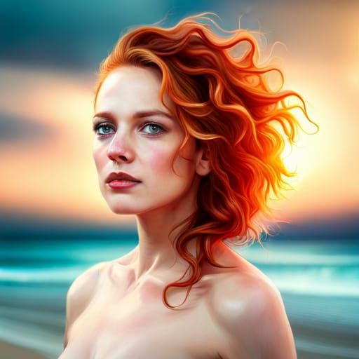 Ginger Haired Girl Relaxing on Beach in Pastel Colors