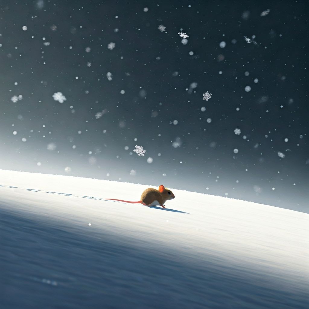 Tiny Field Mouse in Vast Snowscape with Sunbeam