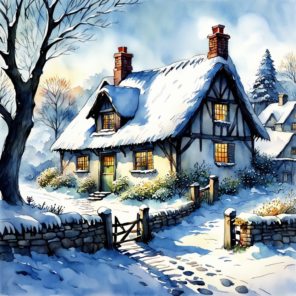 Charming Snowy Cottage Children's Storybook Illustration