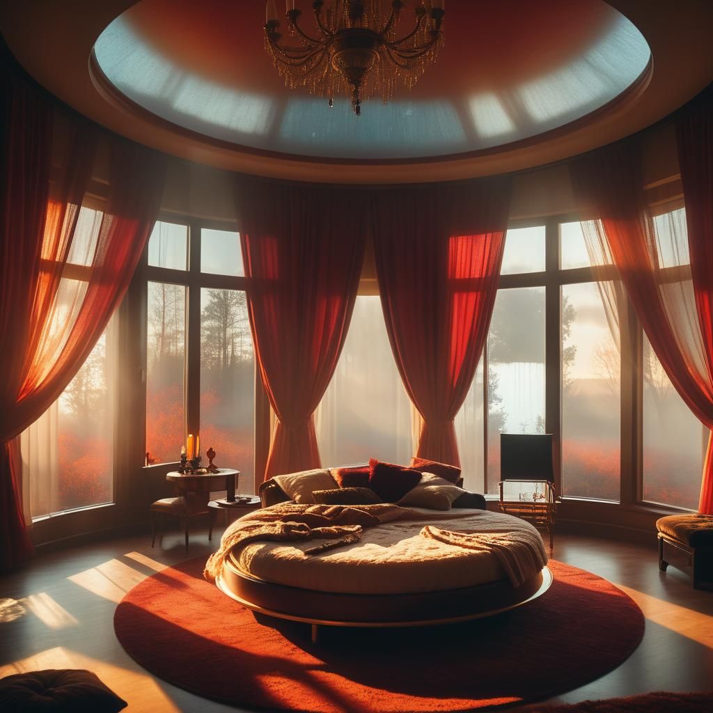 Romantic Sunlit Bedroom with Red Curtains, Film Still