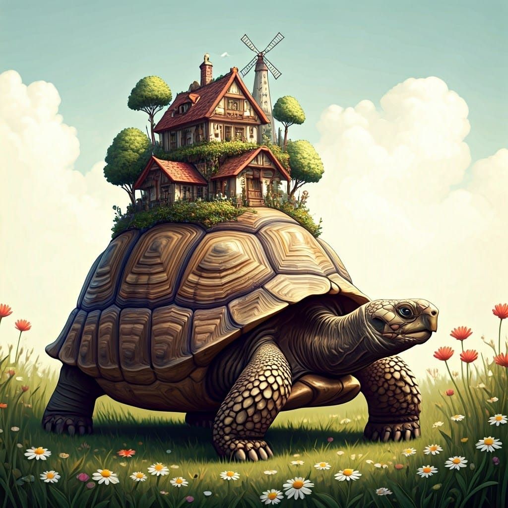 Giant Tortoise Carries Village: Storybook Illustration