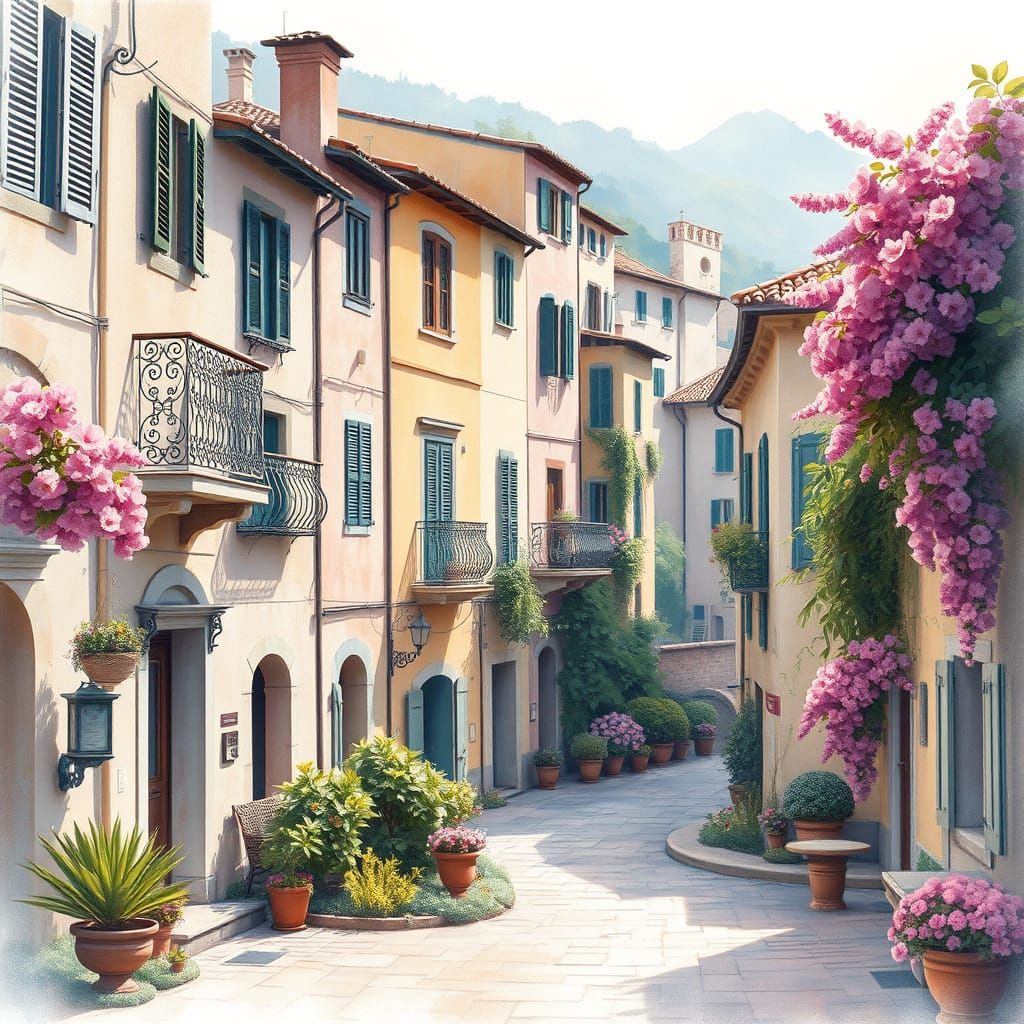 Italian Town with Gardens in Watercolor Style