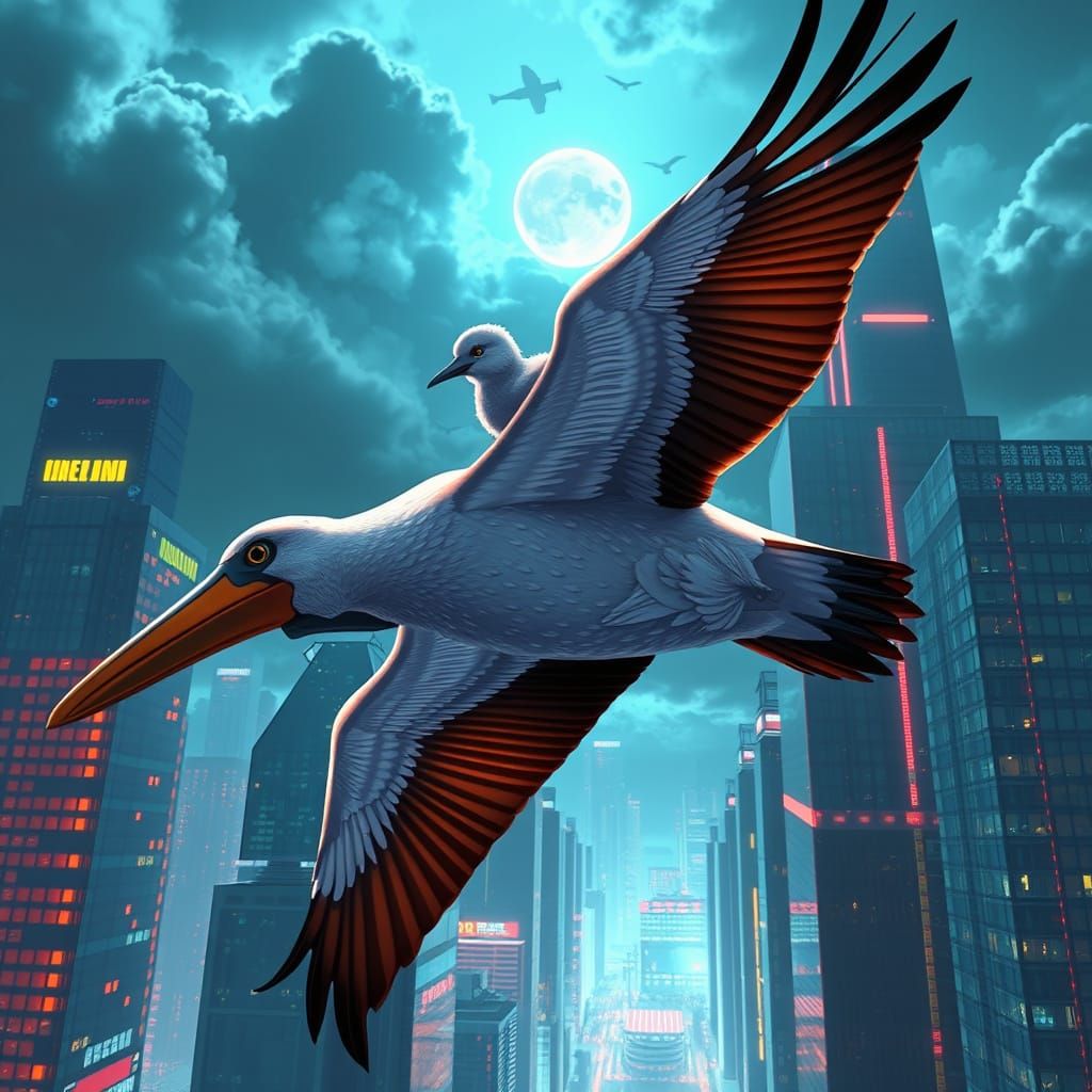 Albatross Soaring Above Futuristic Cityscape in Hyperrealism