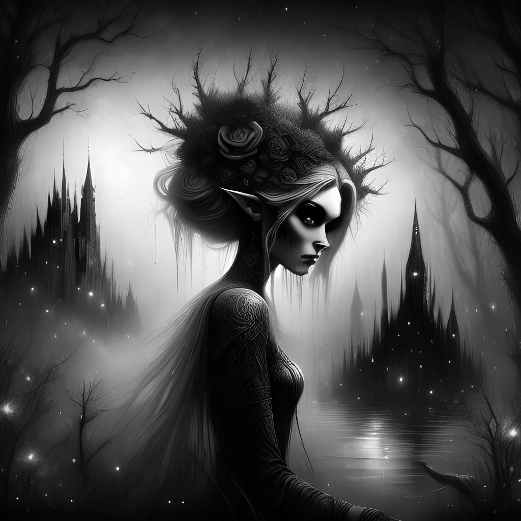 Eerie Fairy with Bioluminescent Tattoos in Dark Forest