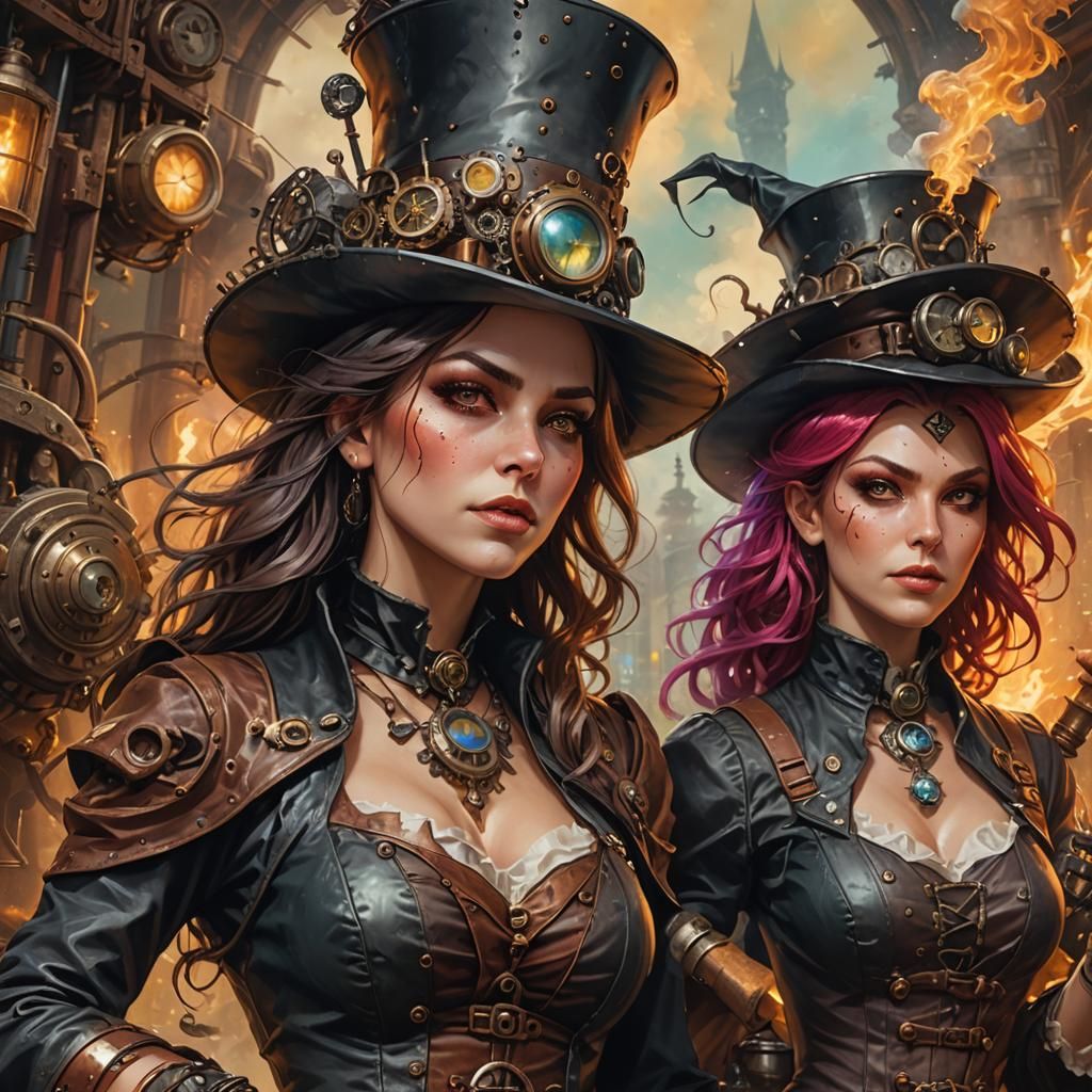 Intricate Steampunk Witches in Hyperrealistic Splash Art