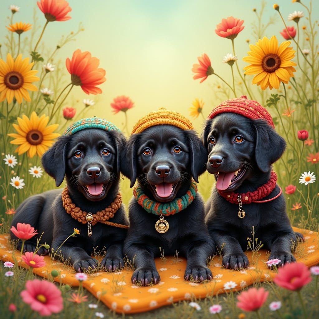 Bohemian Lab Puppies Picnic in Art Nouveau Style