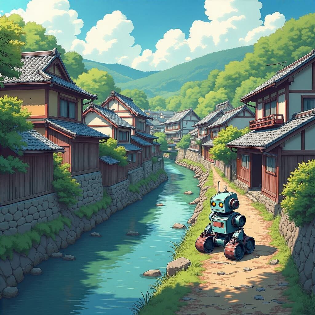 Anime-Style Japanese Village with Crumbling Robot