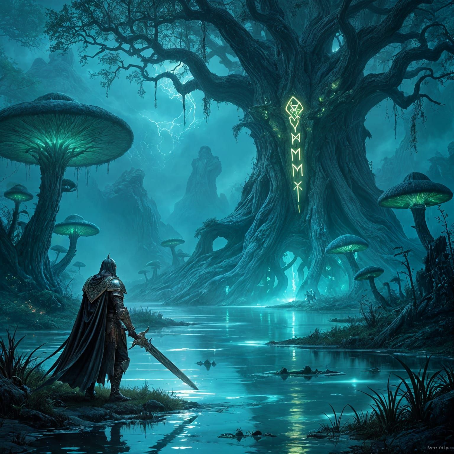 Lone Knight in Bioluminescent Swamp Dark Fantasy Art