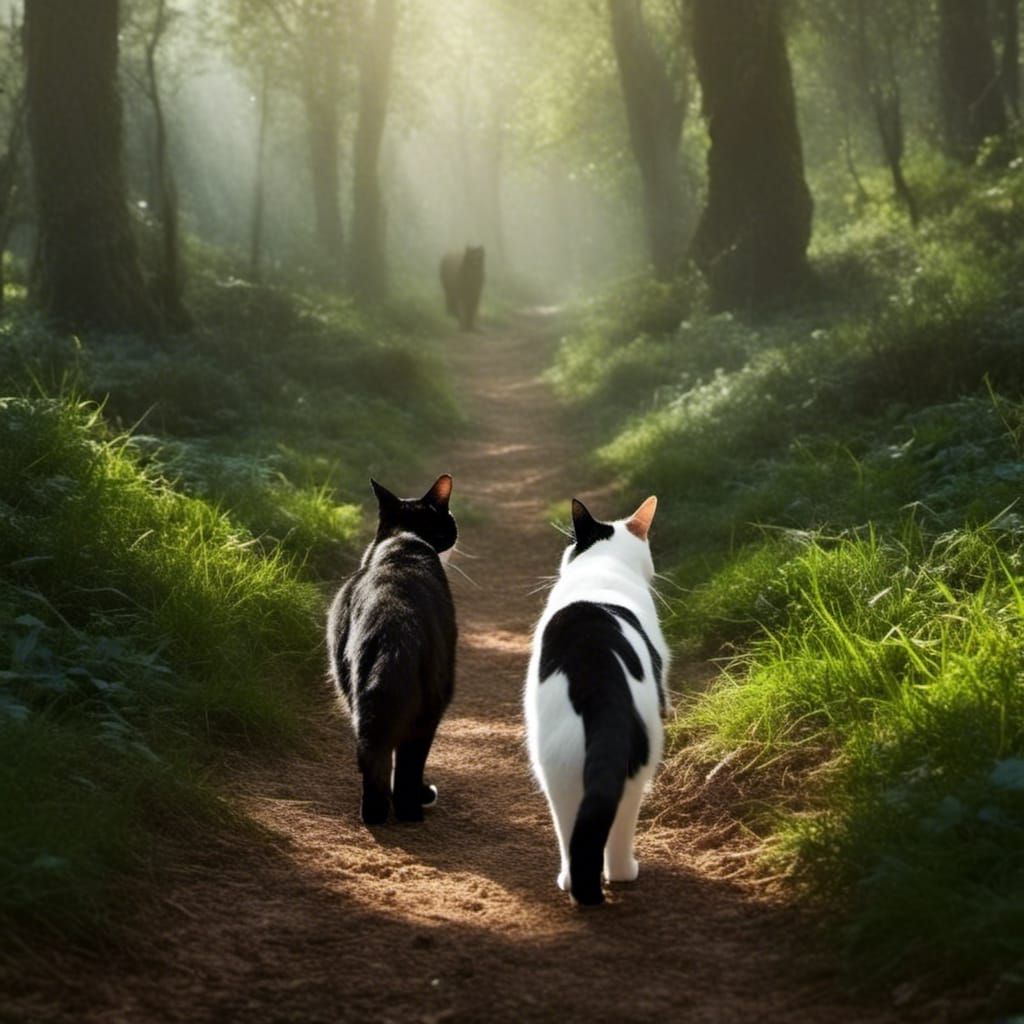 Magical Forest Walk with Three Cats
