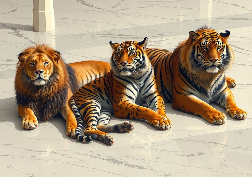 Big Cats Lounging on Marble Floor in Classical Style