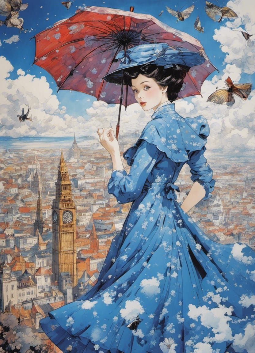 Mary Poppins Flying Above Flower Village