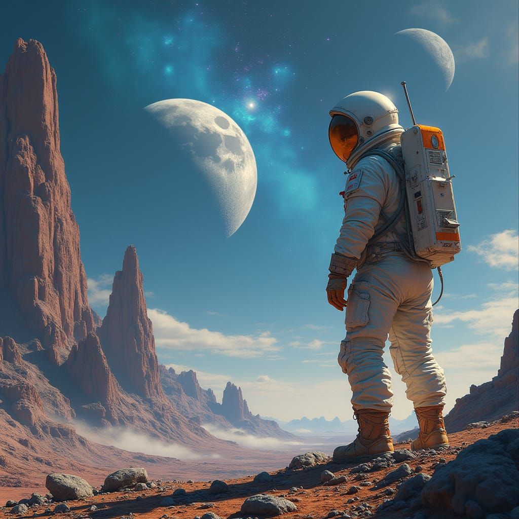 Astronaut Gazes at Alien Sky with Two Moons