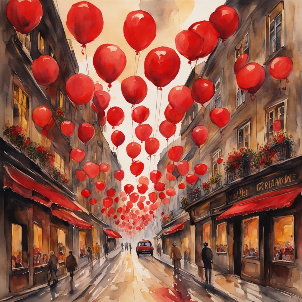 99 Red Balloons Over European Street, Watercolor