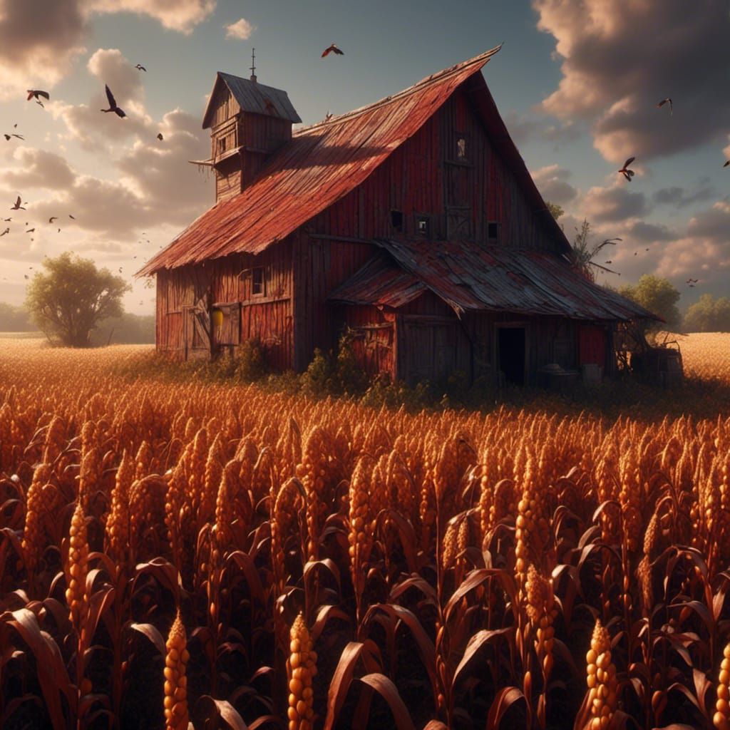 Old Red Barn in Corn Field with Crow