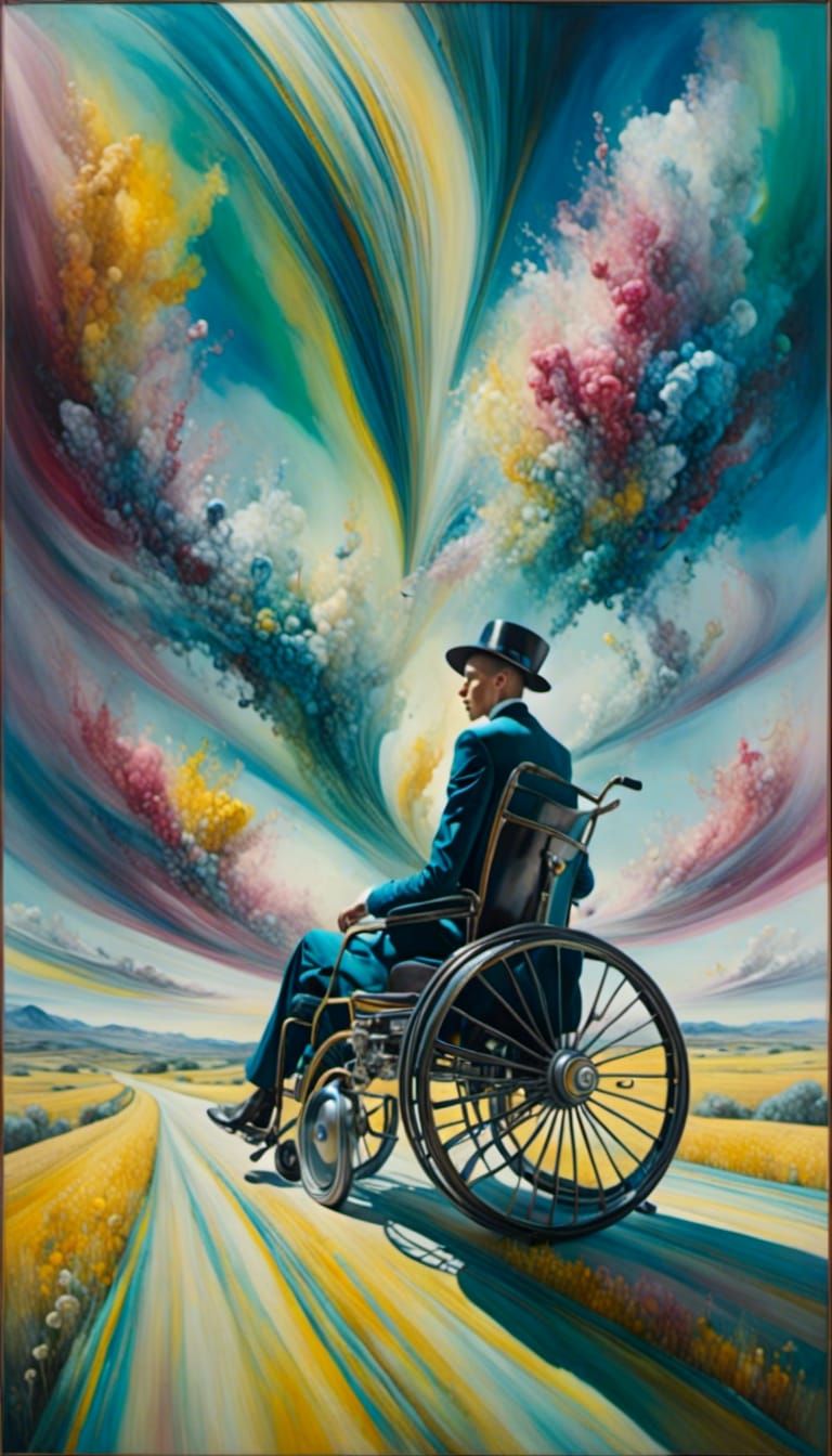 Surreal Wheelchair Journey in Dreamy Landscape