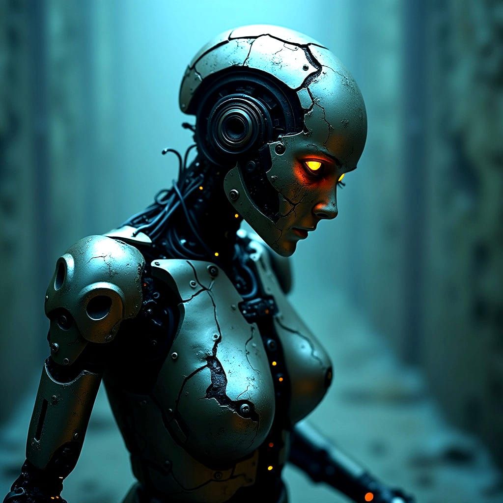 Robotic Woman Broken by Love, Cyberpunk Style