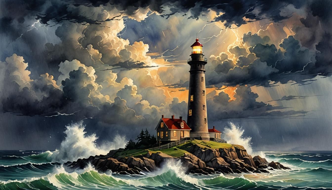 Lighthouse in Stormy Sea: Romantic Watercolor Painting