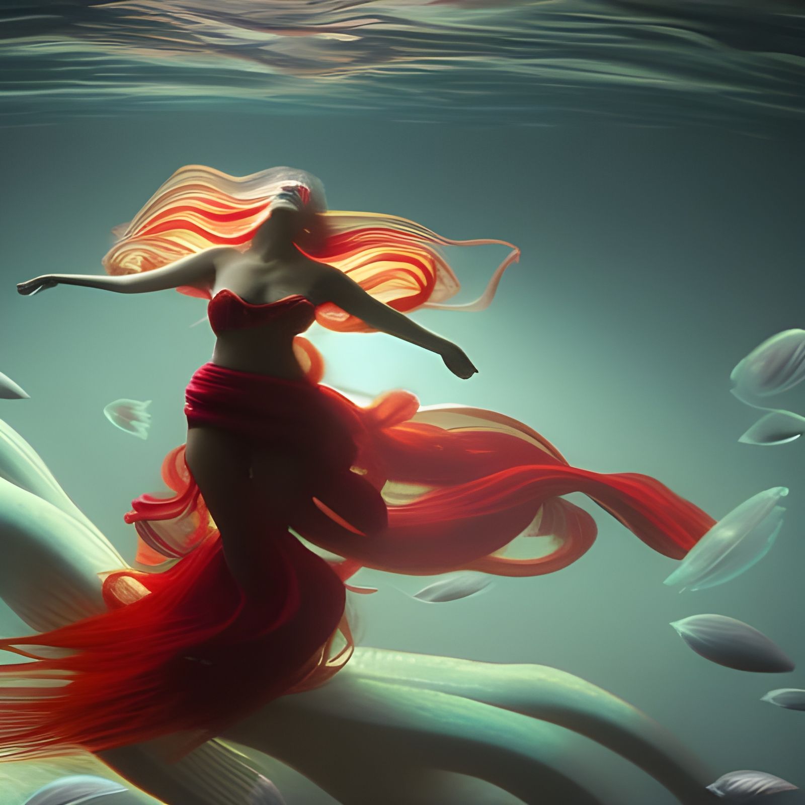 Underwater Princess in Red Gown, Digital Art