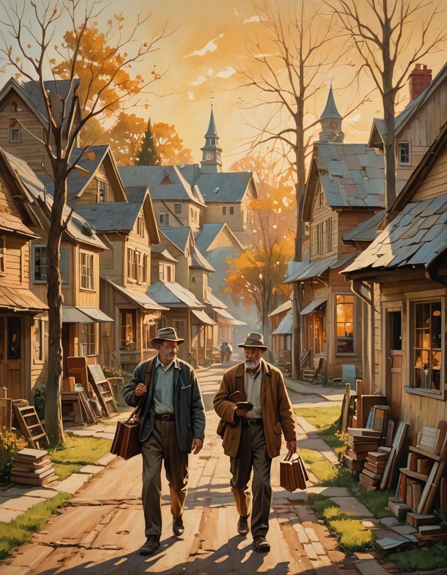 Nostalgic Americana: Two Friends Return, Impressionist Oil P...