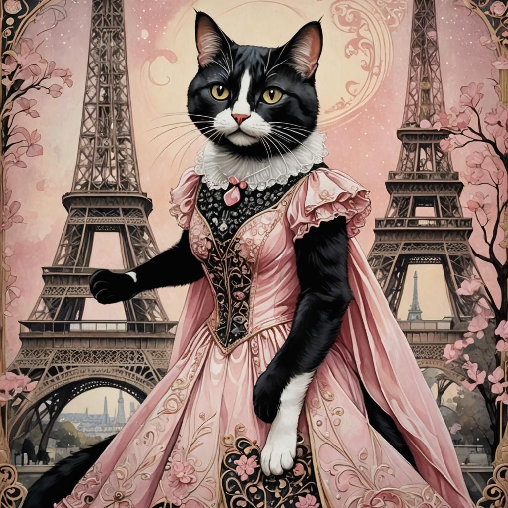 Black and White Cat in Paris, Art Nouveau Illustration