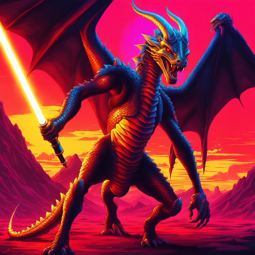 Golden Dragon Attacks Sith in Synthwave Neon Style