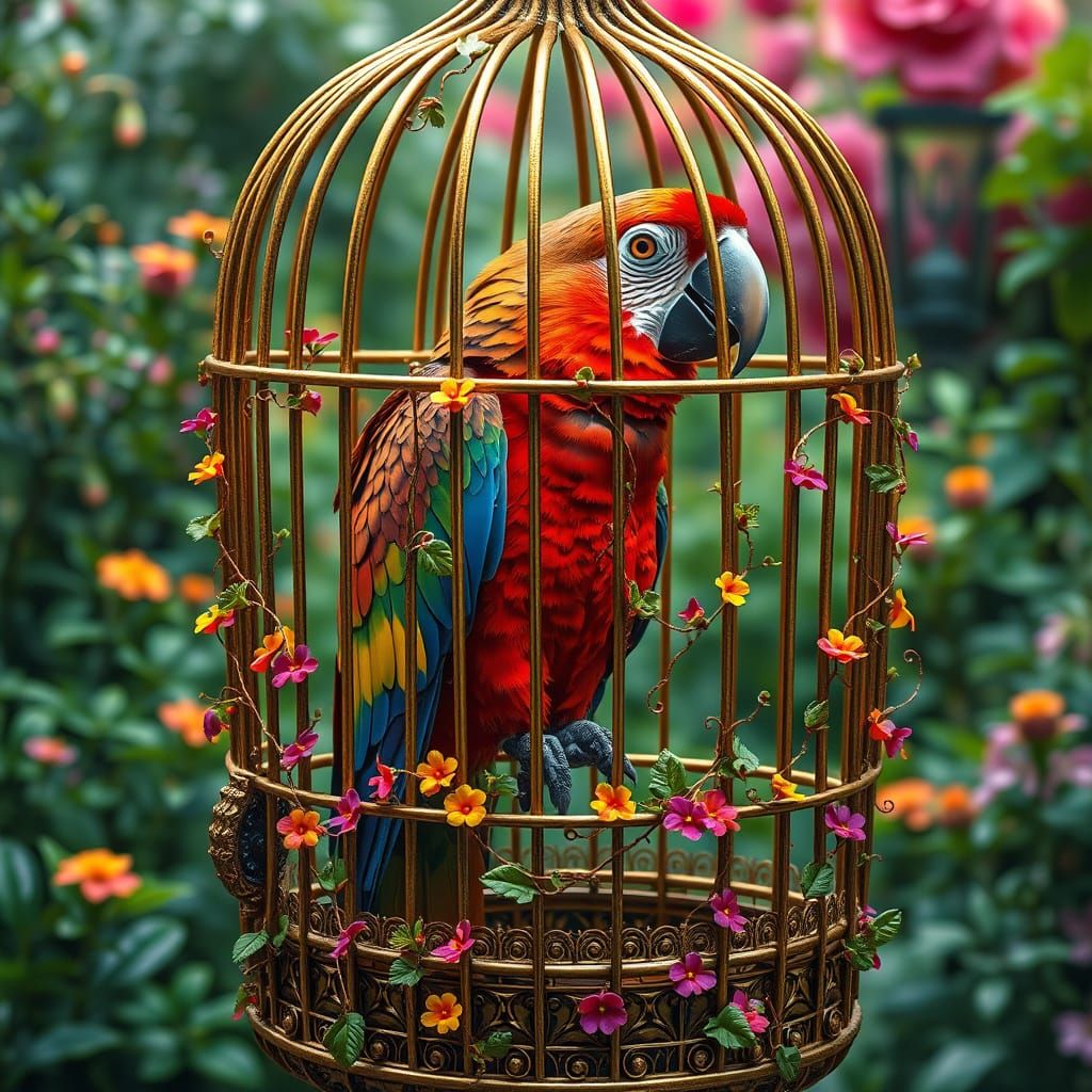 Vibrant Parrot in Ornate Victorian Cage
