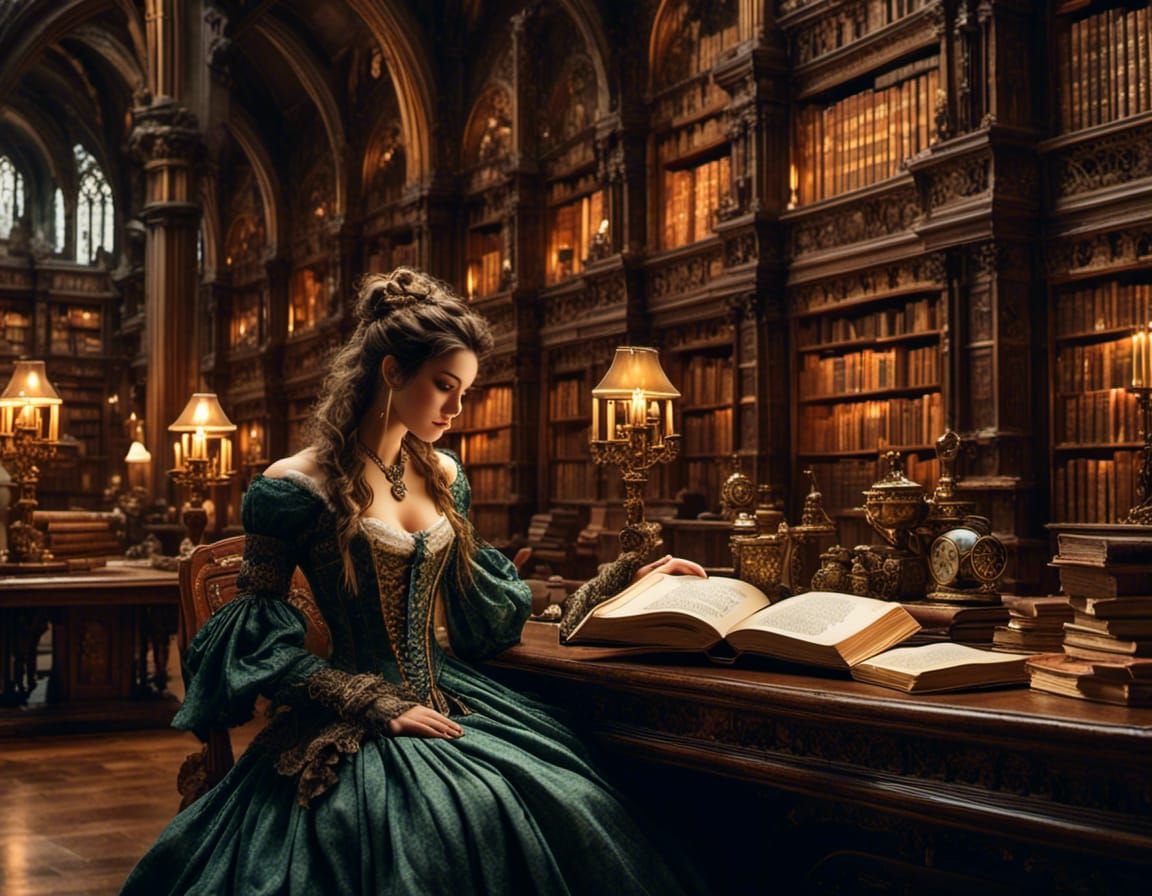 Girl Reading in Steampunk Library