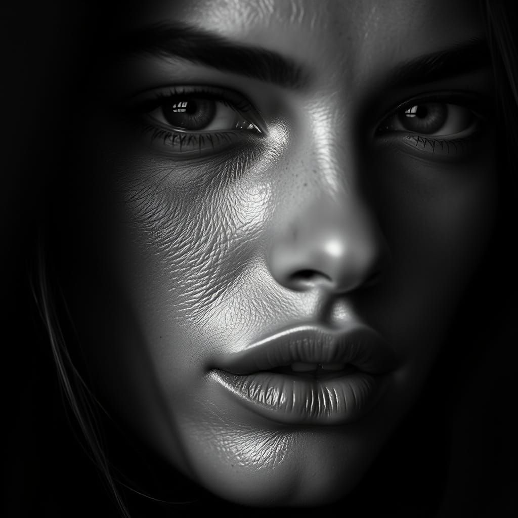 High-Fashion Black and White Portrait in Hyper-Realistic Sty...
