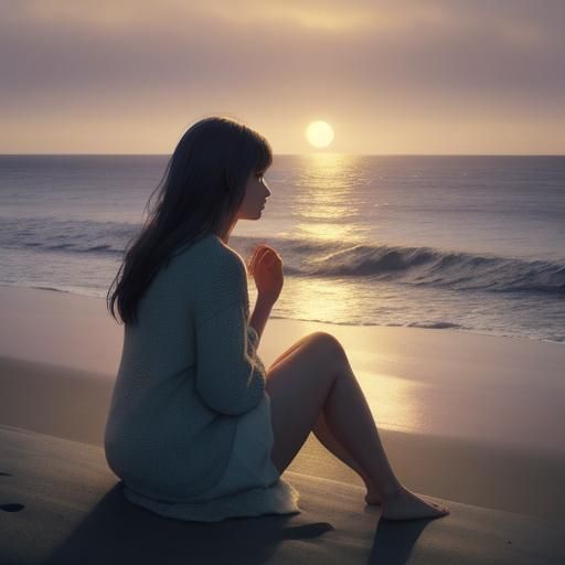 Moonlit Beach Solitude in Romantic Realism