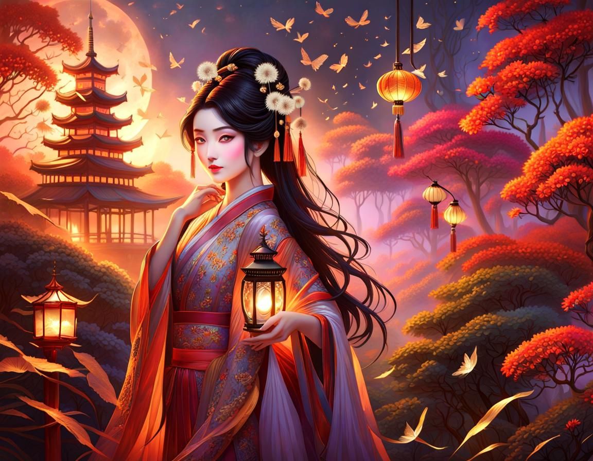 Beautiful Geisha with Lantern in Dark Fantasy Forest