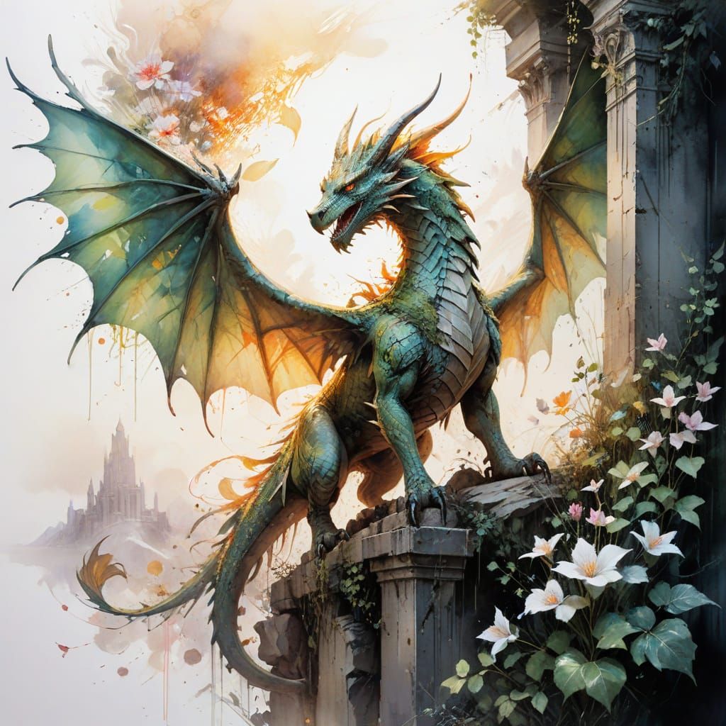 Wyvern Citadel in Morning Light, Fantasy Art