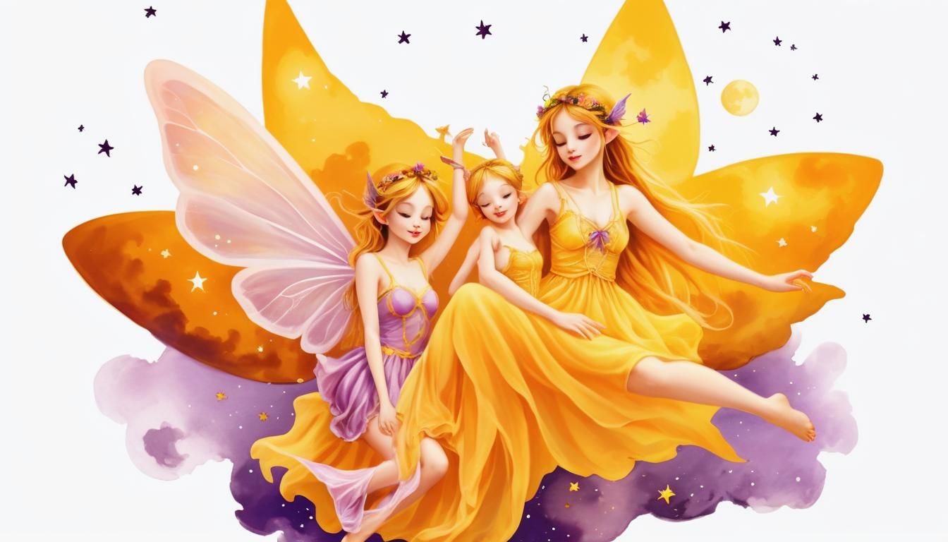 Fairies Dancing in Purple Night Sky Under Full Moon