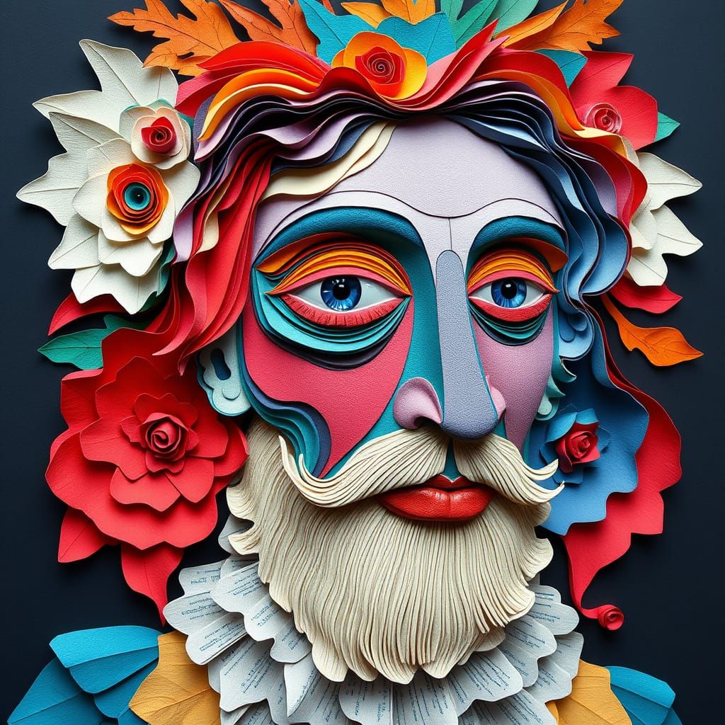 Surreal Portrait Constructed of Colored Paper Collage