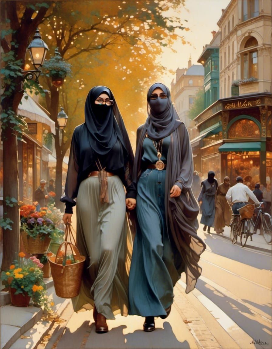 Niqabi Women in Art Nouveau Cityscape