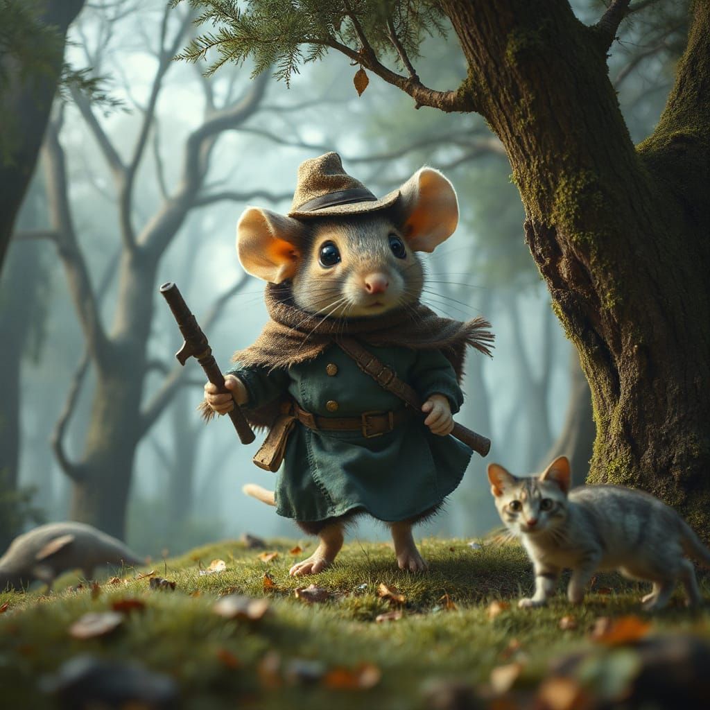 Giant Mouse Hunts Tiny Cat in Whimsical Forest