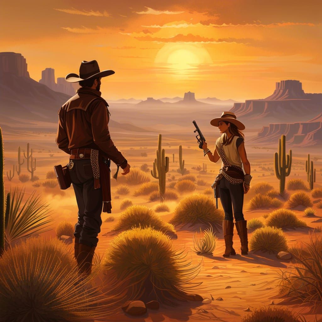 Cowboy Duel at Sunset in the Desert