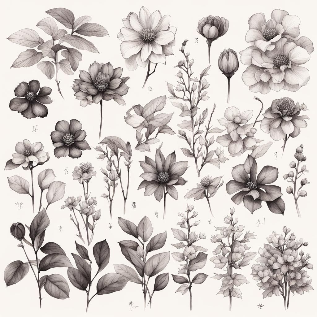 Botanical Ink Drawings in Anime Style