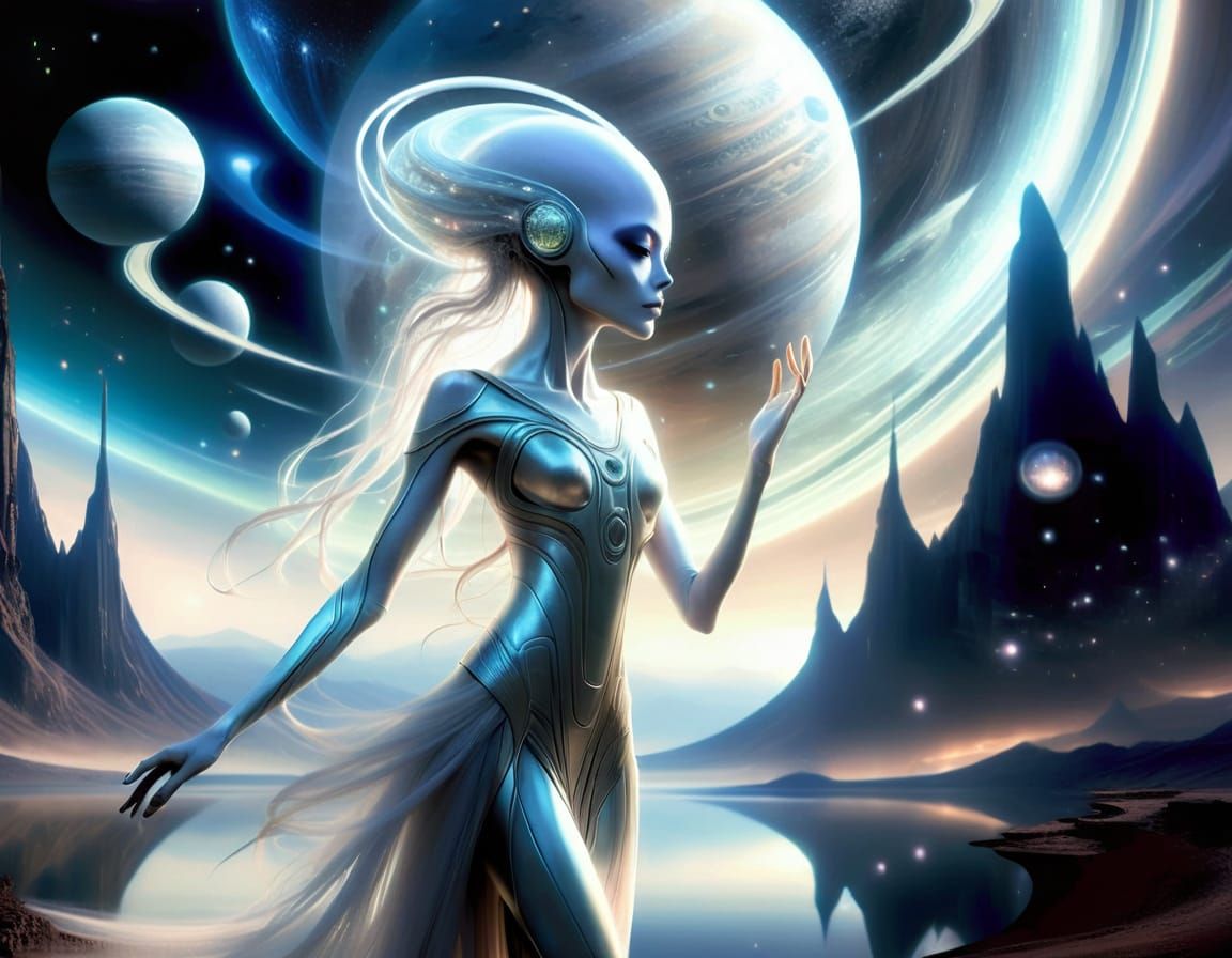 Anime Alien Goddess in Celestial Landscape